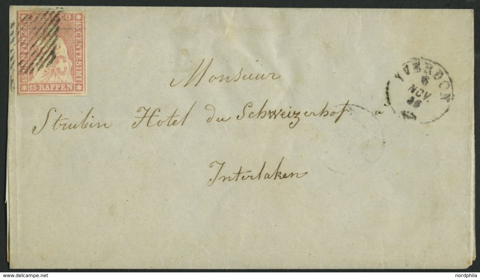 SCHWEIZ BUNDESPOST 15IIAym BRIEF, 1856, 15 Rp. Rosa, Berner Druck I, (Zst. 24Ba), Links Leicht Berührt Auf Briefhülle Vo - 1843-1852 Poste Federali E Cantonali