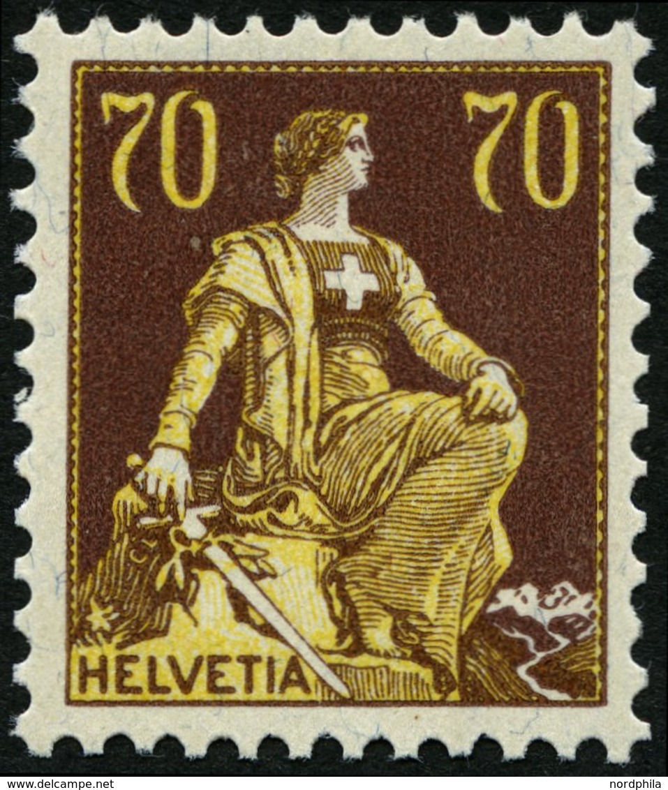 SCHWEIZ BUNDESPOST 108 *, 1908, 70 C. Schwärzlichrötlichbraun/hellchromgelb,, Falzreste, Pracht, Mi. 65.- - 1843-1852 Federal & Cantonal Stamps