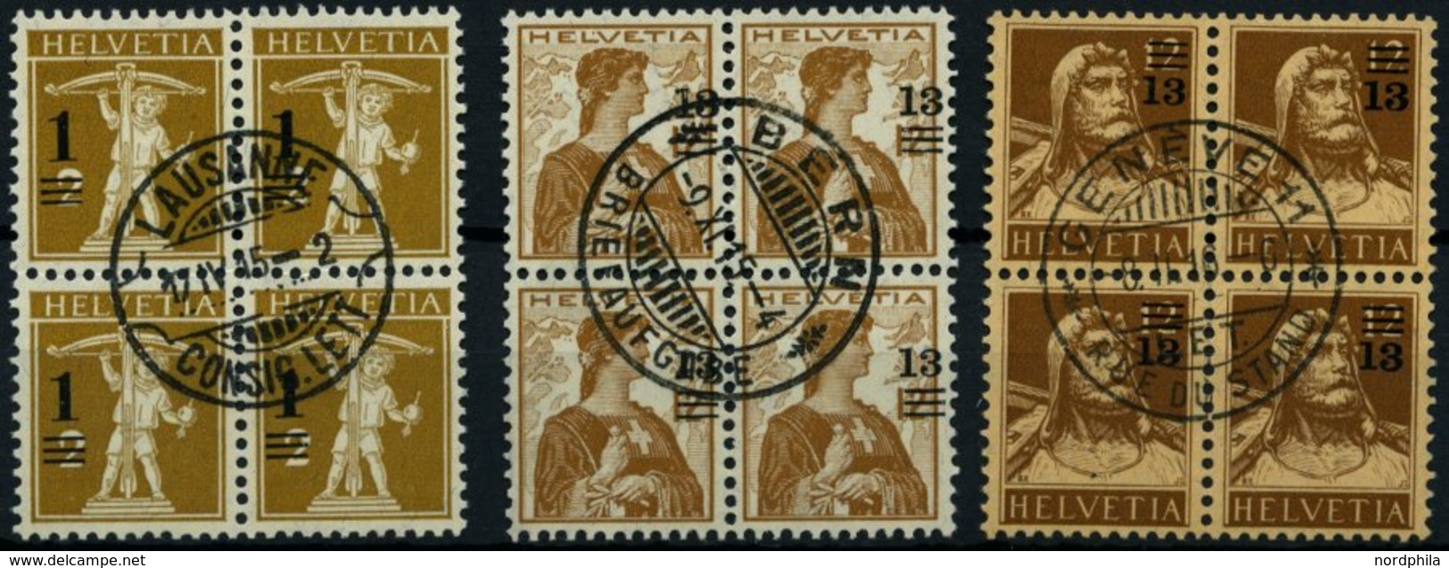 SCHWEIZ BUNDESPOST 124-26 VB O, 1915, Freimarken In Zentrisch Gestempelten Viererblocks, Pracht - 1843-1852 Timbres Cantonaux Et  Fédéraux