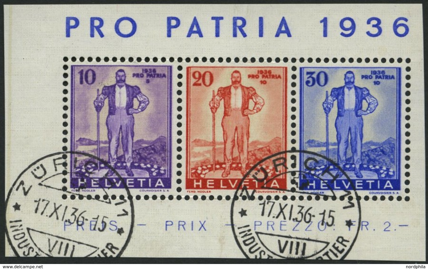 SCHWEIZ BUNDESPOST A294-96 O, 1936, Pro Patria, Prachtstreifen, Mi. 146.- - 1843-1852 Poste Federali E Cantonali