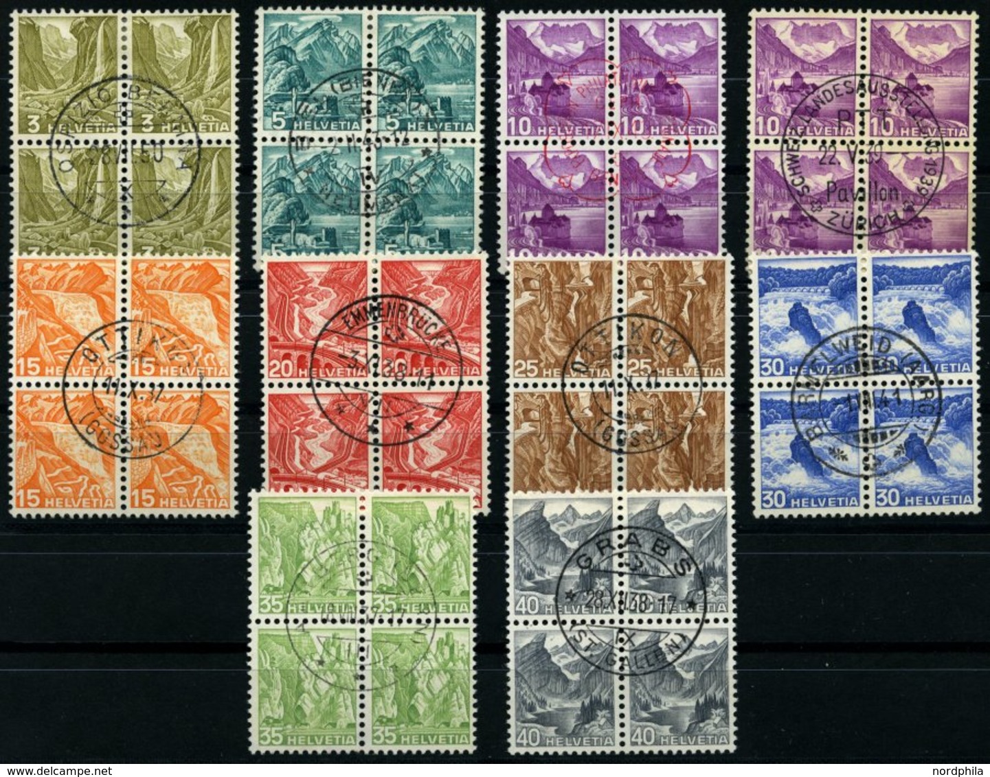 SCHWEIZ BUNDESPOST 297-305y VB O, 1936, Landschaften, Glatter Gummi, In Zentrisch Gestempelten Viererblocks, 10 C. Beide - 1843-1852 Federal & Cantonal Stamps