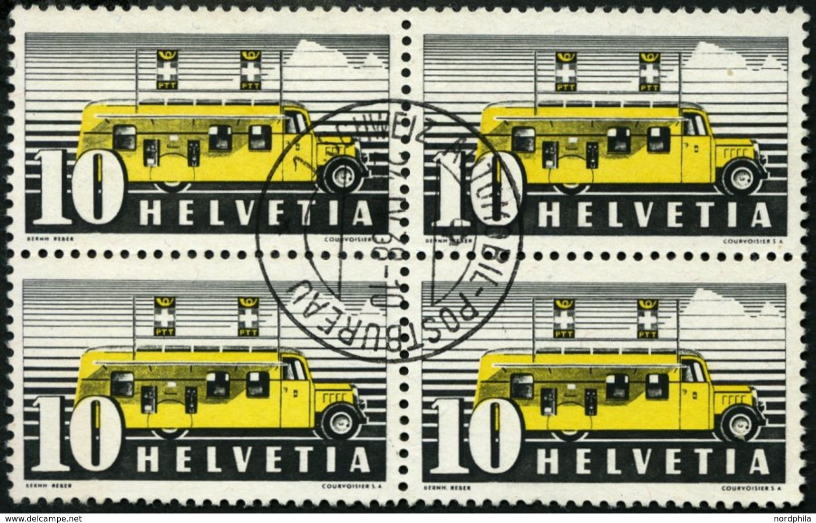 SCHWEIZ BUNDESPOST 311y VB O, 1937, 10 C. Postbus, Blaue Und Rote Fasern, Im Zentrisch Gestempelten Viererblock, Pracht - 1843-1852 Kantonalmarken Und Bundesmarken
