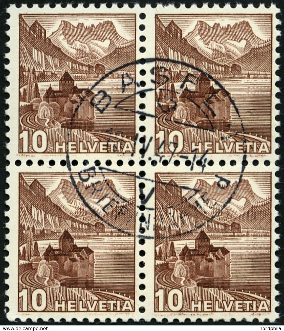 SCHWEIZ BUNDESPOST 363z VB O, 1940, 10 C. Dunkelrötlichbraun, Geriffelter Gummi, Im Zentrisch Gestempelten Viererblock,  - 1843-1852 Timbres Cantonaux Et  Fédéraux