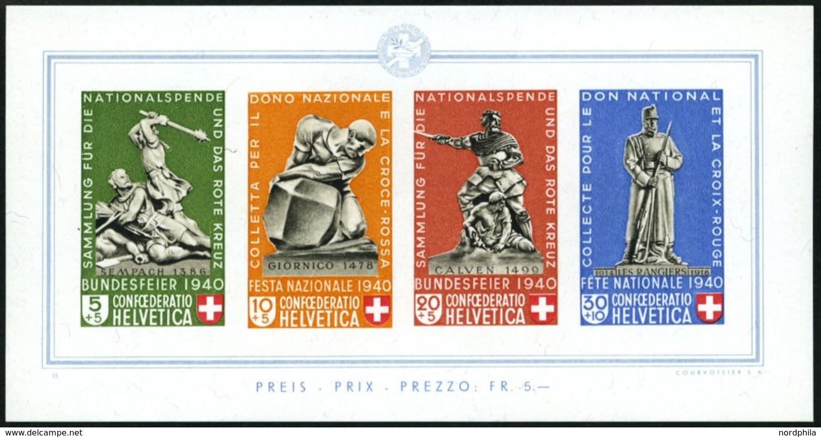 SCHWEIZ BUNDESPOST Bl. 5 **, 1940, Block Pro Patria, Pracht, Mi. 450.- - 1843-1852 Federal & Cantonal Stamps