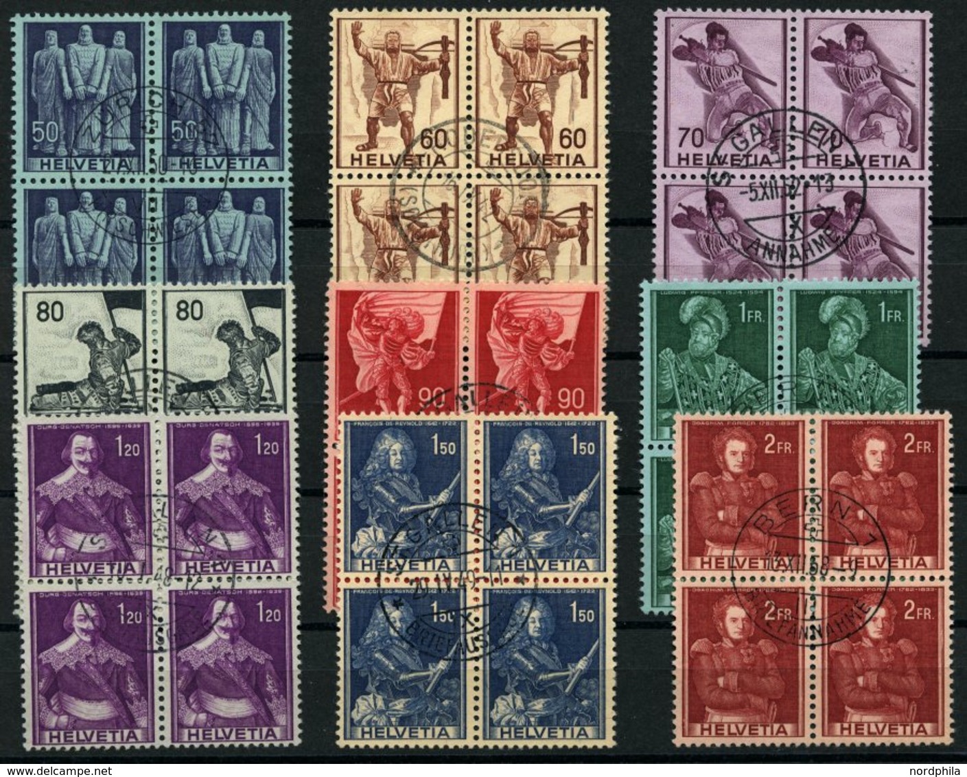 SCHWEIZ BUNDESPOST 377-85 VB O, 1941, Historische Darstellungen In Zentrisch Gestempelten Viererblocks, Prachtsatz - 1843-1852 Kantonalmarken Und Bundesmarken