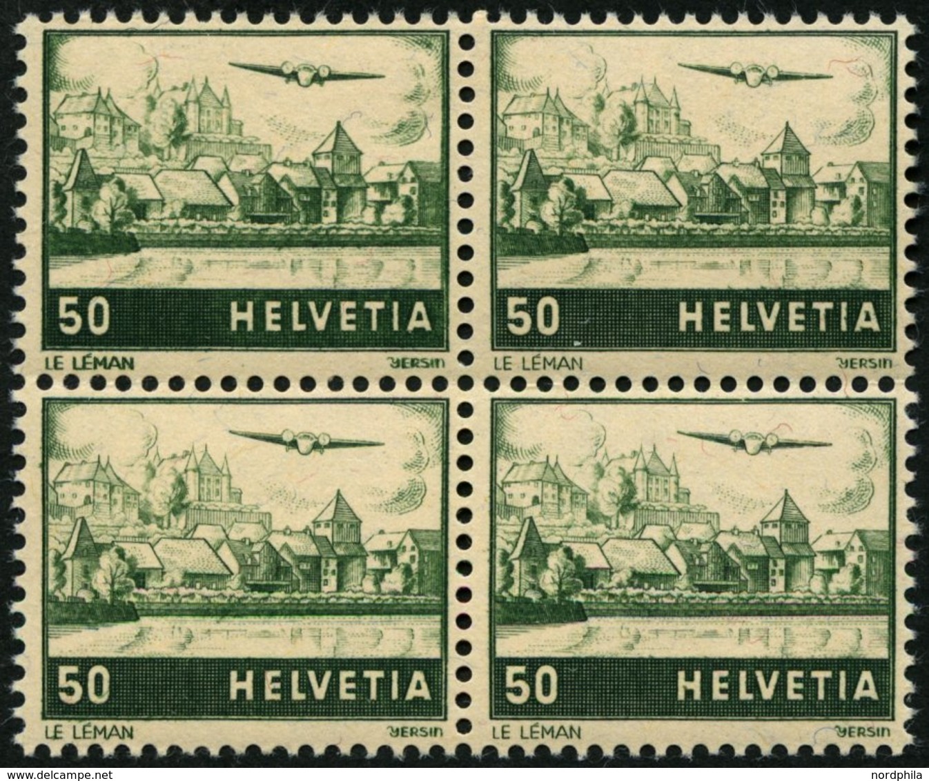 SCHWEIZ BUNDESPOST 389DP **, 1941, 50 C. Flugzeug über Landschaften, Doppelprägung, Im Viererblock Mit Normalen Marken,  - 1843-1852 Federal & Cantonal Stamps