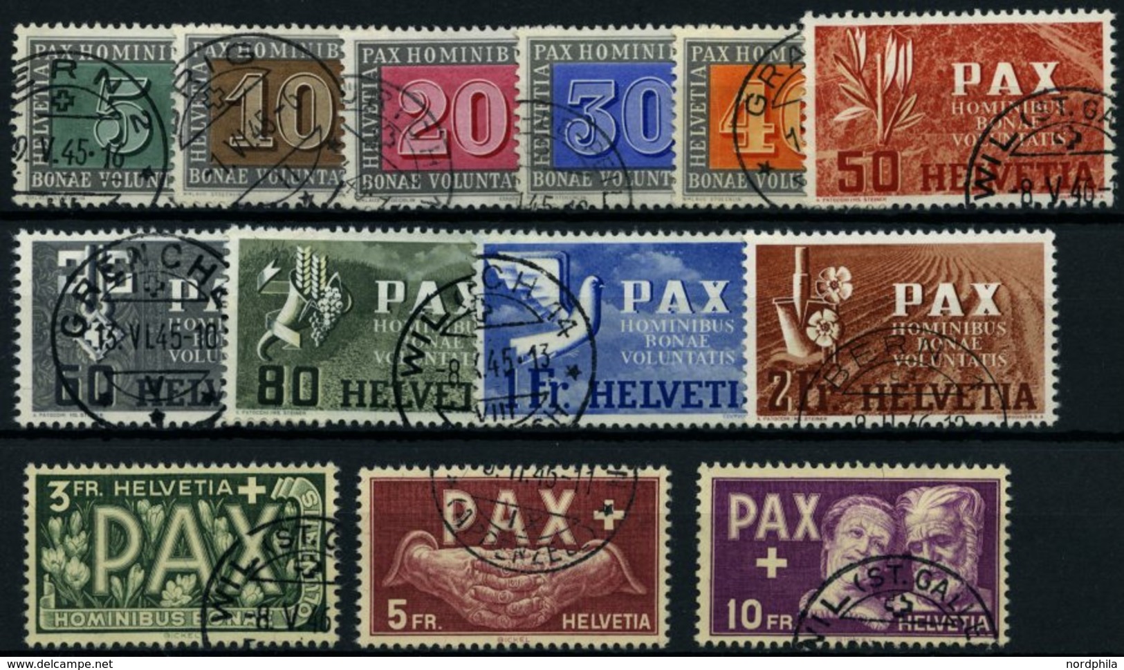 SCHWEIZ BUNDESPOST 447-59 O, 1945, PAX, Prachtsatz, Mi. 1000.- - 1843-1852 Poste Federali E Cantonali