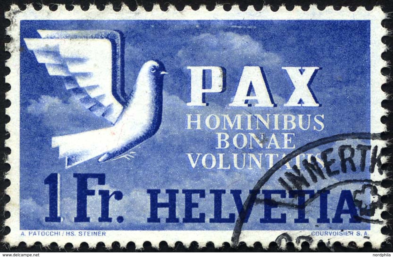 SCHWEIZ BUNDESPOST 455 O, 1945, 1 Fr. PAX, üblich Gezähnt Pracht, Gepr. Marchand, Mi. 120.- - 1843-1852 Poste Federali E Cantonali