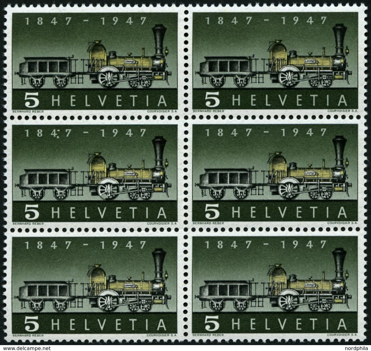 SCHWEIZ BUNDESPOST 484II **, 1947, 5 C. 100 Jahre Eisenbahn Mit Abart Fehlende Speiche Im Antriebsrad, Im Sechserblock M - 1843-1852 Poste Federali E Cantonali