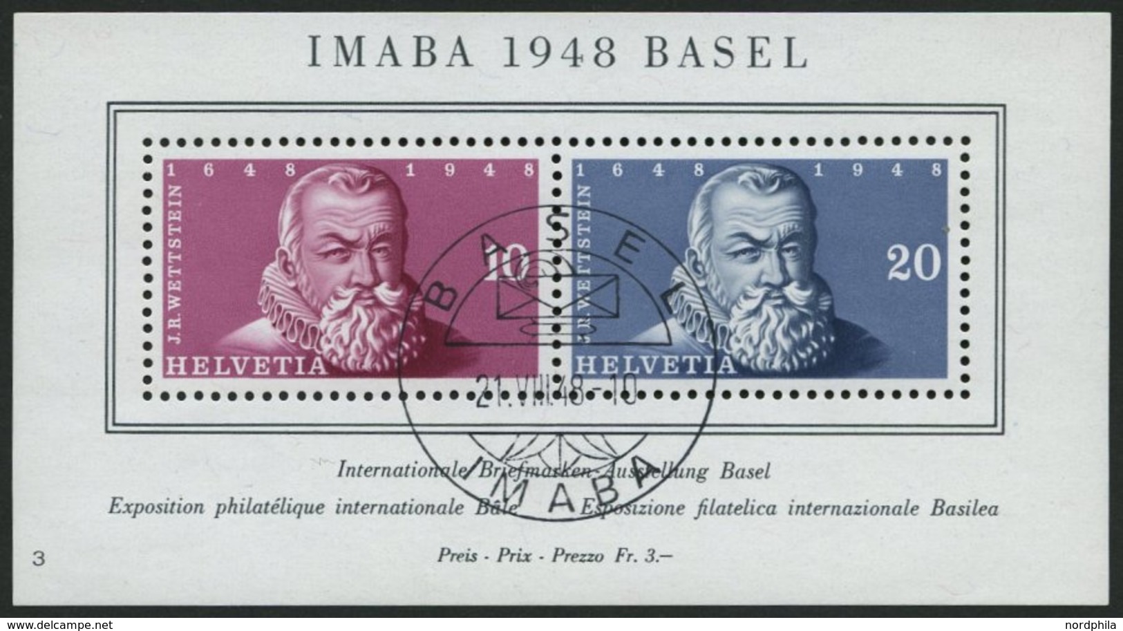 SCHWEIZ BUNDESPOST Bl. 13 O, 1948, Block IMABA, Ersttags-Sonderstempel, Pracht, Mi. 90.- - 1843-1852 Timbres Cantonaux Et  Fédéraux