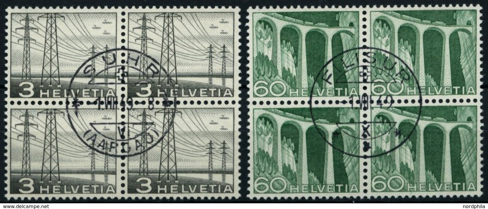 SCHWEIZ BUNDESPOST 529,539 VB O, 1949, 3 Und 60 C. Landschaften Und Technische Motive, Je Im Viererblock Mit Ersttagsste - 1843-1852 Kantonalmarken Und Bundesmarken