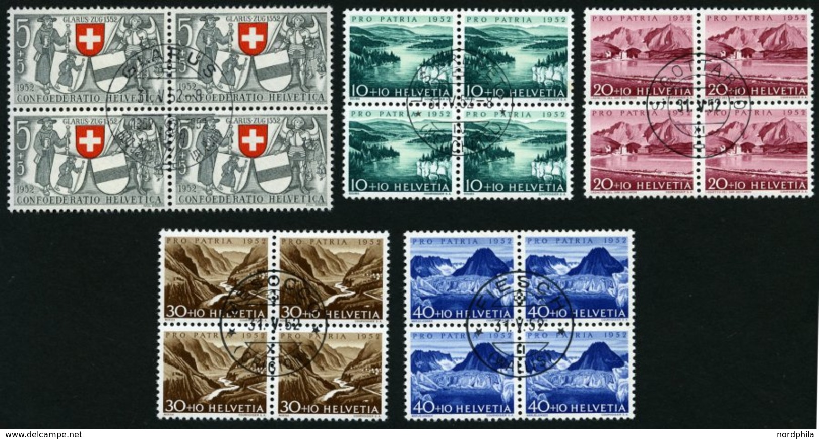 SCHWEIZ BUNDESPOST 570-74 VB O, 1952, Pro Patria In Viererblocks Mit Zentrischen Ersttagsstempeln, Prachtsatz - 1843-1852 Federal & Cantonal Stamps