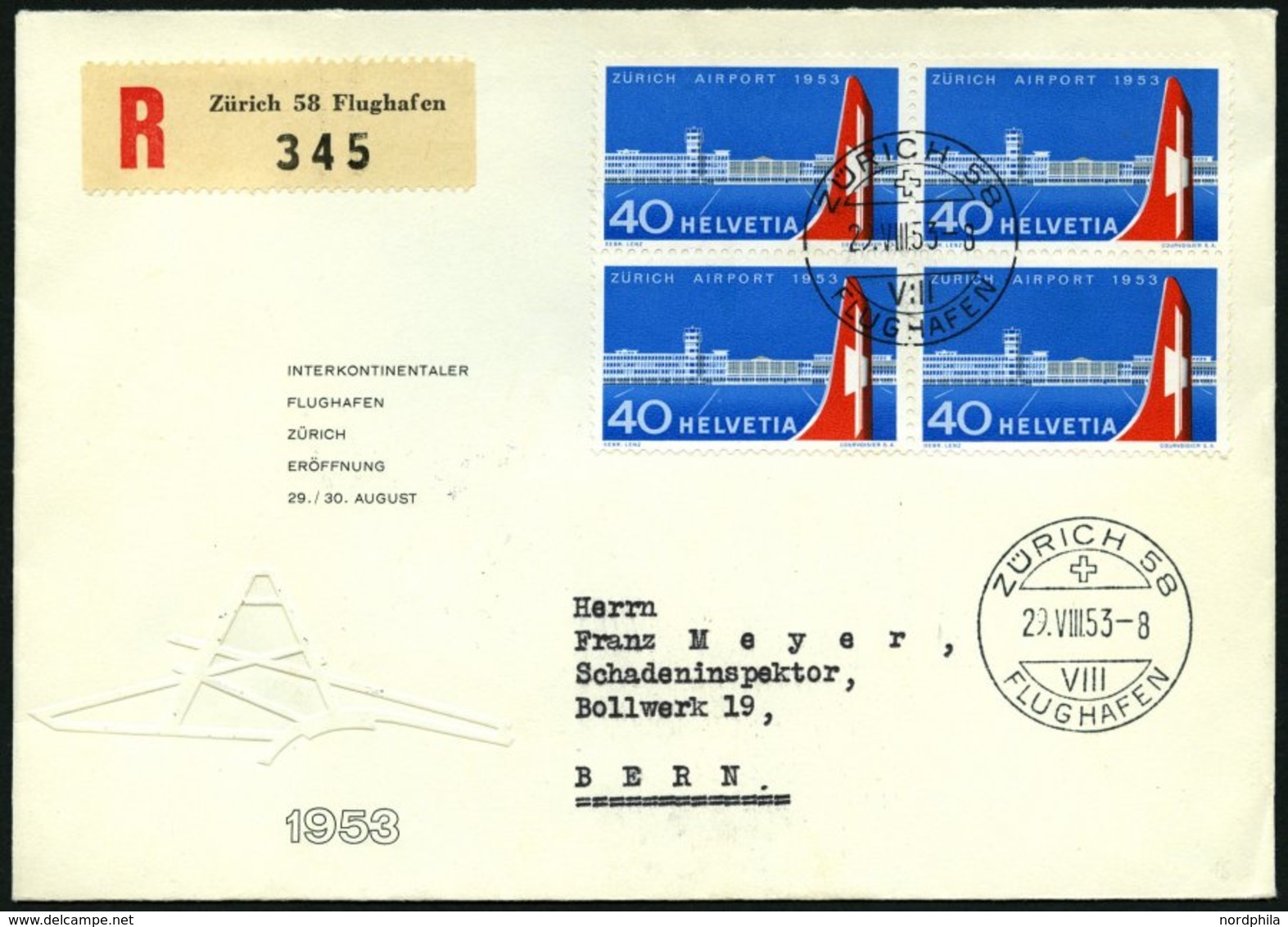 SCHWEIZ BUNDESPOST 585 VB BRIEF, 1953, Flughafen Zürich-Kloten, FDC Mit Zentrisch Gestempelten Viererblock, Einschreibbr - 1843-1852 Kantonalmarken Und Bundesmarken