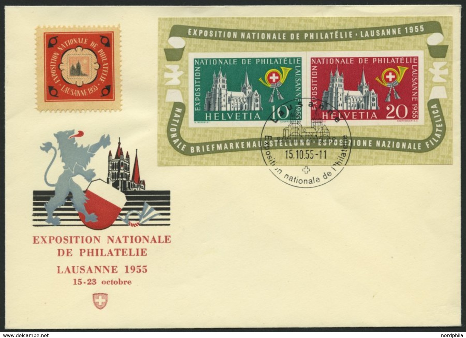 SCHWEIZ BUNDESPOST Bl. 15 BRIEF, 1955, Block Lausanne Mit Sonderstempel Und Vignette Auf FDC-Umschlag, Pracht - 1843-1852 Kantonalmarken Und Bundesmarken