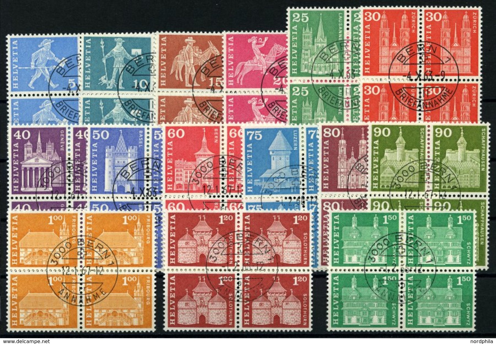 SCHWEIZ BUNDESPOST 696-712y VB O, 1963-68, Postgeschichtliche Motive Und Baudenkmäler, Phosphoreszierendes Papier, In Vi - 1843-1852 Federal & Cantonal Stamps
