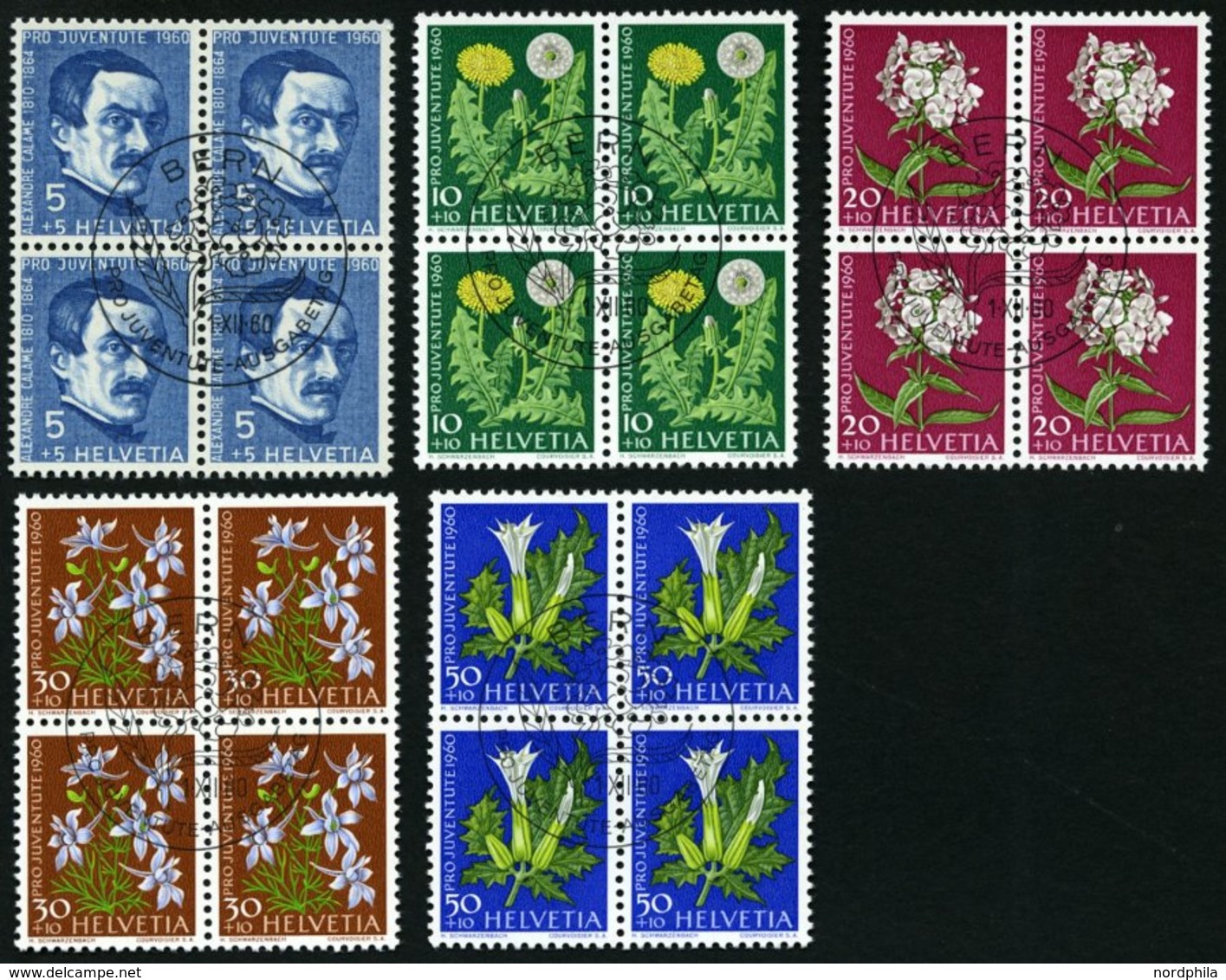 SCHWEIZ BUNDESPOST 722-26 VB O, 1960, Pro Juventute In Viererblocks Mit Zentrischen Ersttagsstempeln, Prachtsatz - 1843-1852 Poste Federali E Cantonali