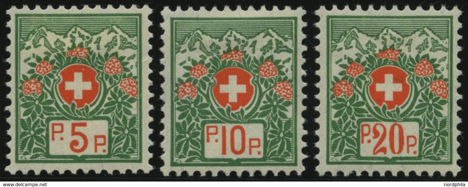 PORTOFREIHEITSMARKEN PF 11-13II *, 1927, Alpenrosen, Ohne Kontrollnummer, Falzreste, Prachtsatz - Portofreiheit