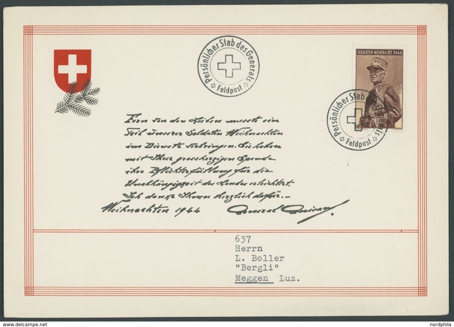 SOLDATENMARKEN II. WK 1944, Weihnachtsgrußblatt An Die Schweizer Soldaten Vom Generalstab Mit Feldpoststempel Persönlich - Altri & Non Classificati