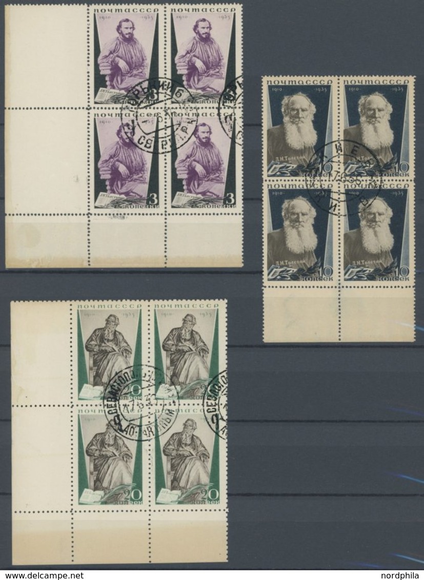 SOWJETUNION 532-38 VB O, 1935, Kalinin Und Tolstoj In Zentrisch Gestempelten Viererblocks, 2 Prachtsätze - Used Stamps