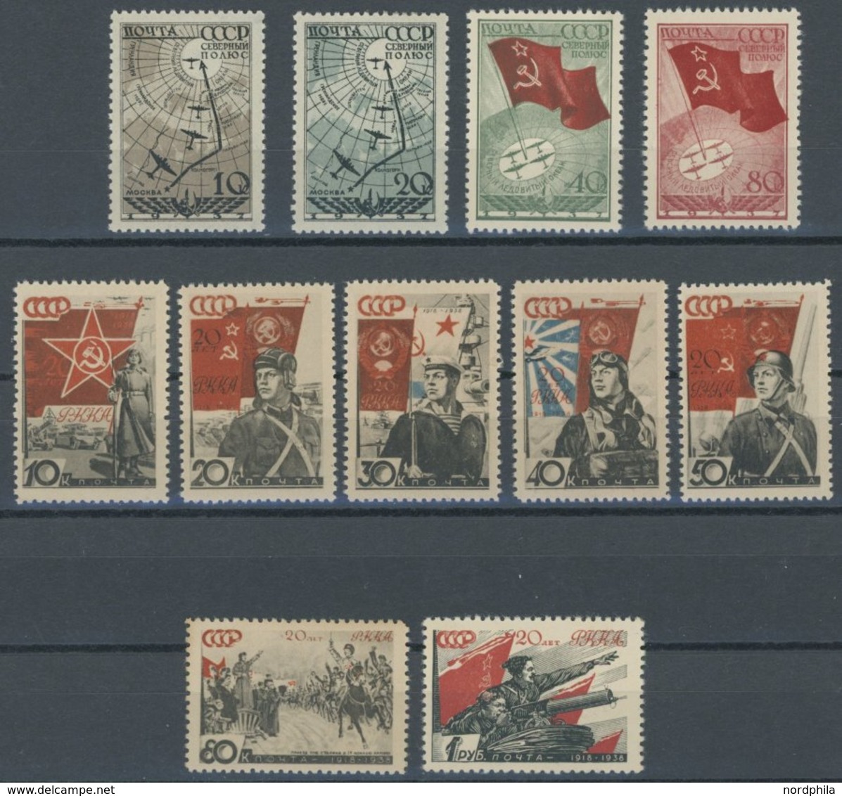 SOWJETUNION 584-94 **, 1938, Polarexpedition,, 20 Jahre Rote Armee, 2 Postfrische Prachtsätze, Mi. 195.- - Gebraucht