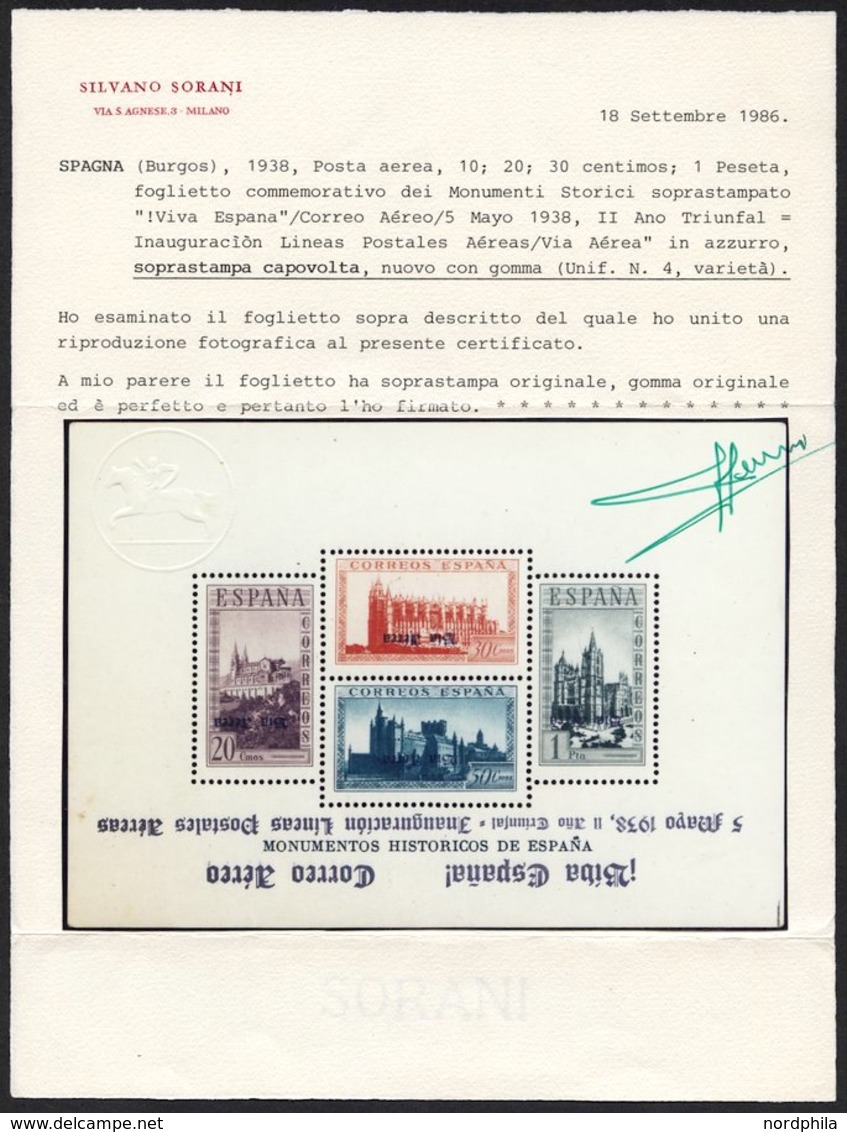 LOKALAUSGABEN Bl. 2aK *, Burgos: 1938, Block Baudenkmäler, Kopfstehender Blauer Aufdruck, Falzreste, Feinst (kleine Rand - Postes Locales