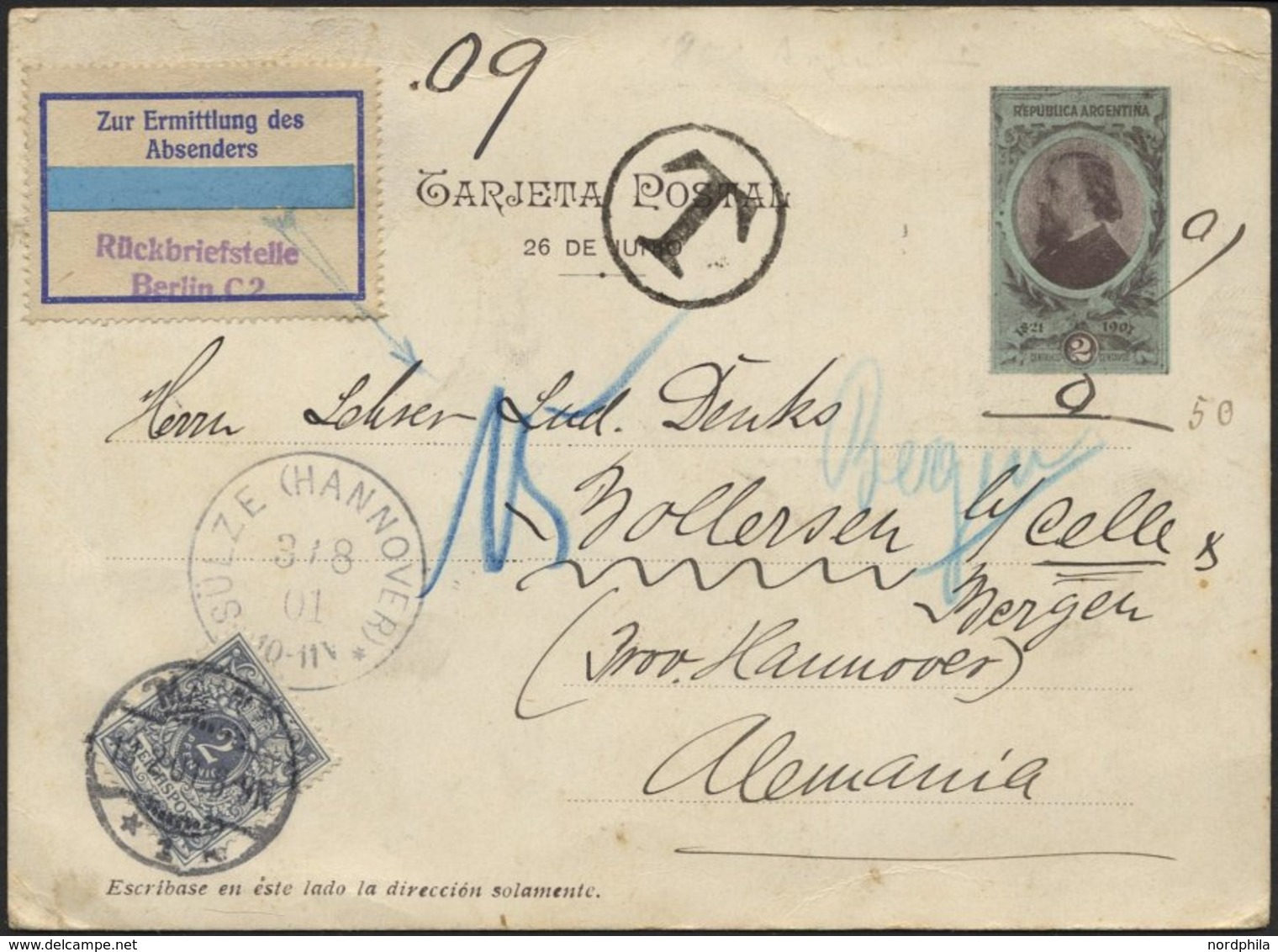 ARGENTINIEN 1901, 2 C. Bildpost-Ansichtskarte (Acorazado San Martin) Von Buenos Aires Nach Deutschland, Mit 2 Pf. Nachpo - Sonstige & Ohne Zuordnung