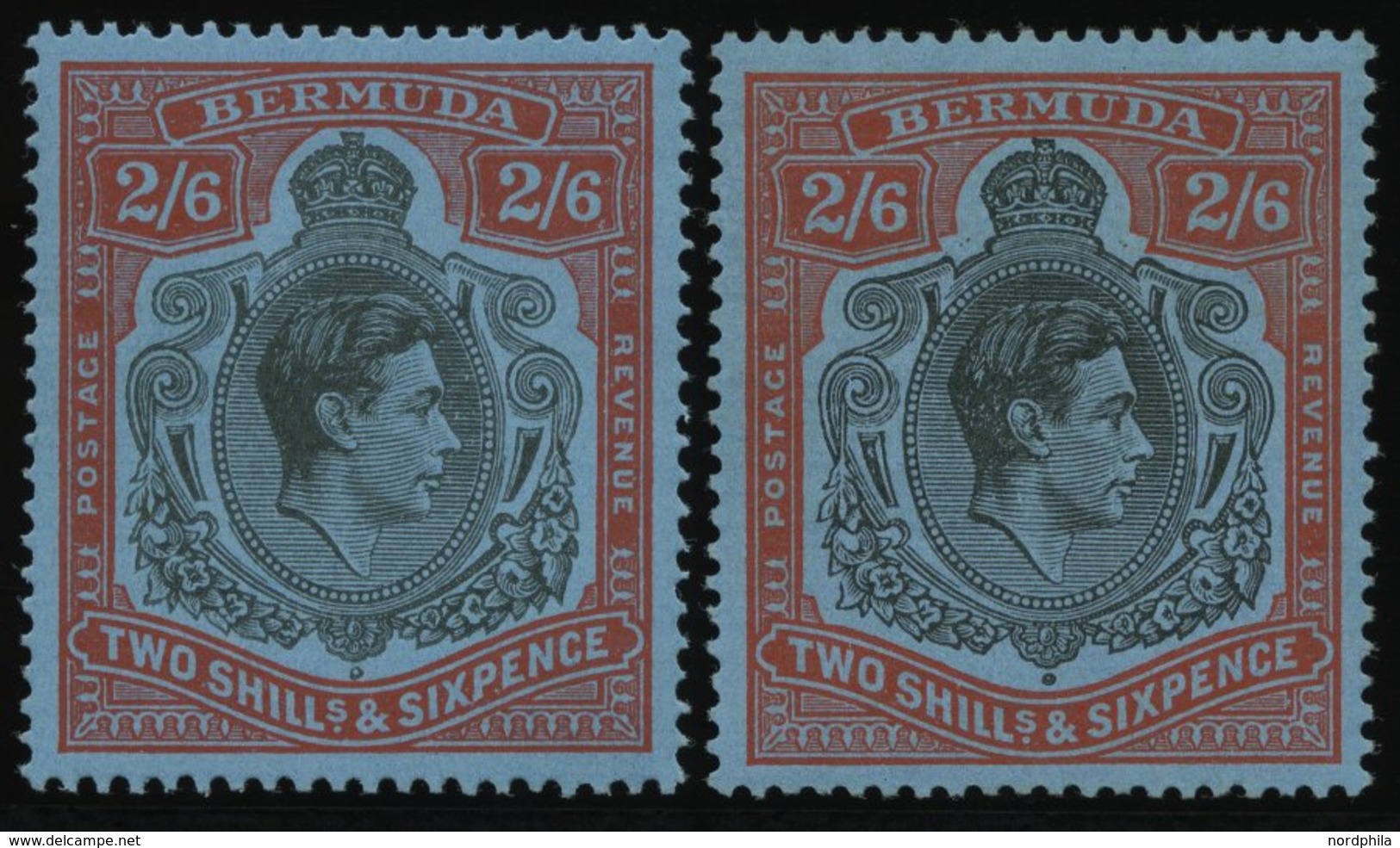 BERMUDA-INSELN 112a,b **, 1938/42, 2 Sh. 6 P. Rot/schwarz Auf Graublau Und Rot/schwarz Auf Blassblau, Gezähnt 14, Postfr - Bermuda