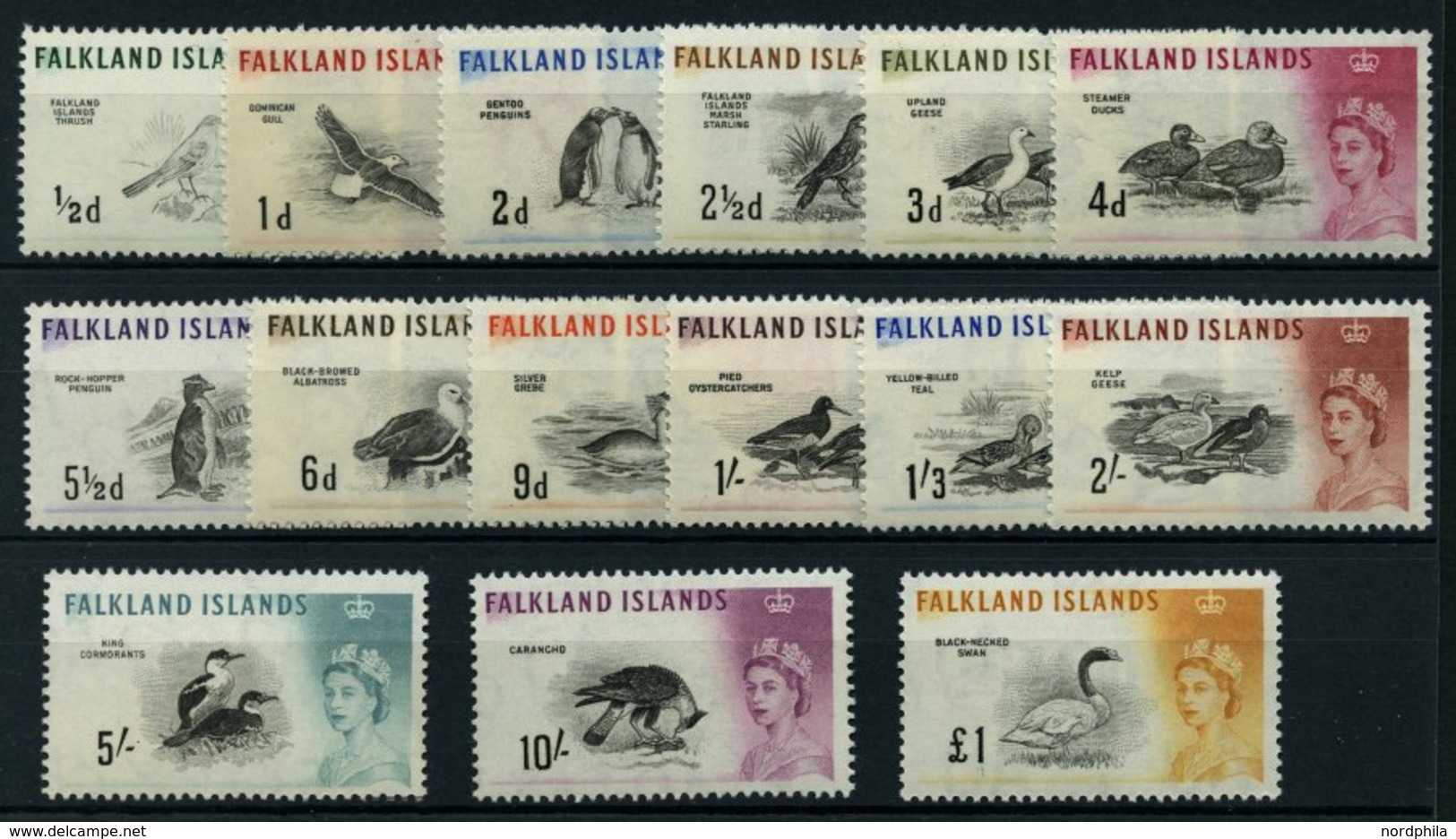 FALKLANDINSELN 123-37 **, 1960, Königin Elisabeth/Einheimische Vögel, Prachtsatz, Mi. 220.- - Falkland
