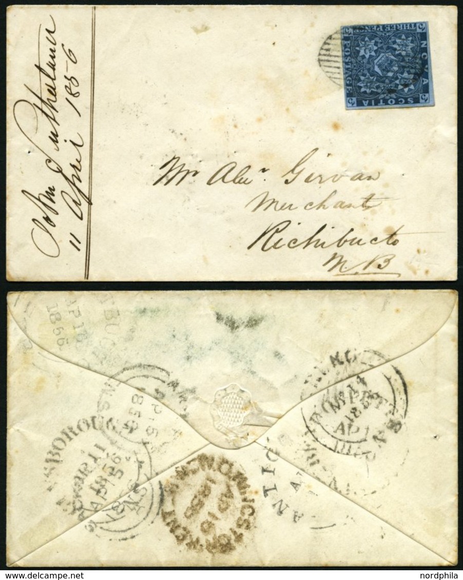 KANADA - NEUSCHOTTLAND 2a BRIEF, 1856, 3 P. Dunkelblau Auf Kleinem Dekorativen Prachtbrief, Rückseitig 8 Verschiedene St - Usati