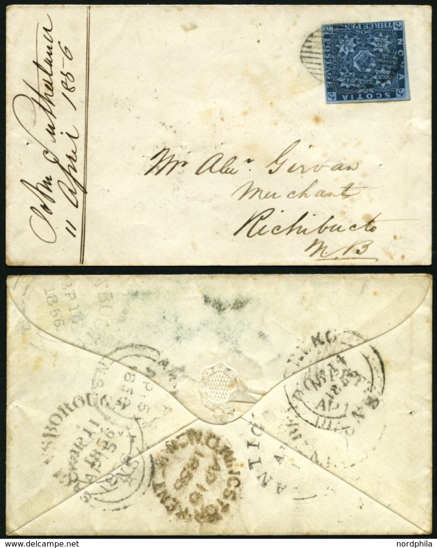 KANADA - NEUSCHOTTLAND 2a BRIEF, 1856, 3 P. Dunkelblau Auf Kleinem Dekorativen Prachtbrief, Rückseitig 8 Verschiedene St - Gebraucht