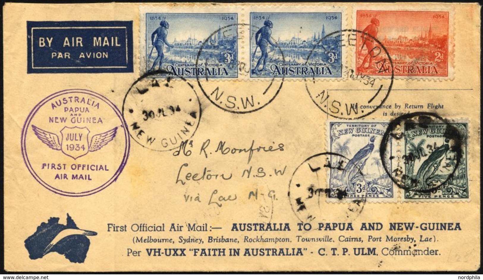 NEUGUINEA 30.7.1934, Erstflug SYDNEY-LAE (Rückflug), Mischfrankatur Mit Australien-Marken, Brief Feinst - Papouasie-Nouvelle-Guinée