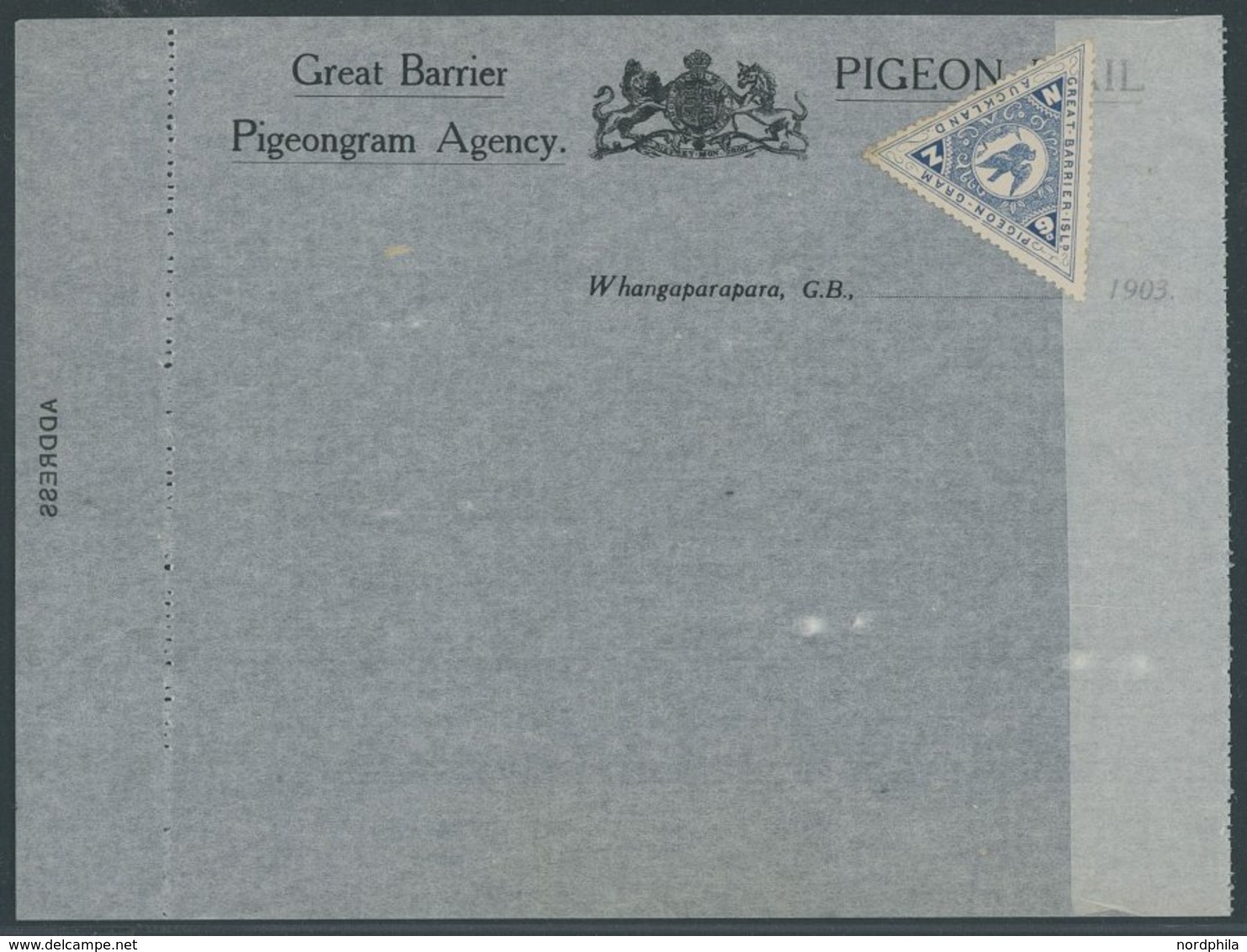 NEUSEELAND 1903, Great Barrier Pigeongram Agency: Original Brieftaubenpost-Formular Von Auckland Nach Great Barrier Isla - Altri & Non Classificati