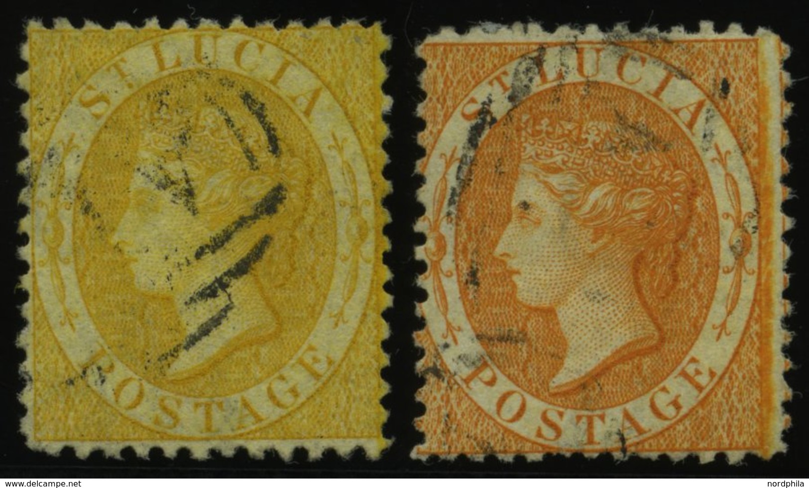 ST. LUCIA 8A,10A O, 1864, 4 P. Gelb Und 1 Sh. Orange, Gezähnt 121/2, 2 Werte üblich Gezähnt Pracht - St.Lucie (1979-...)