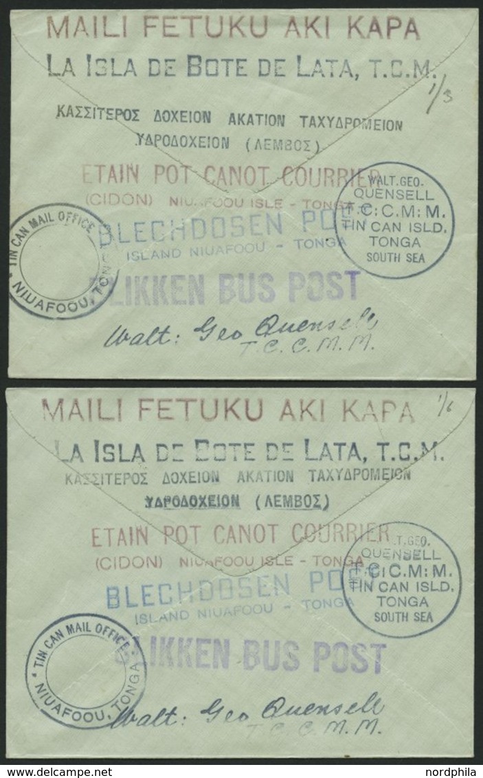 TONGA 39,56,72 BRIEF, 1938, TIN CAN MAIL, 2 Verschiedene Belege Mit Diversen Stempeln, Pracht - Tonga (1970-...)