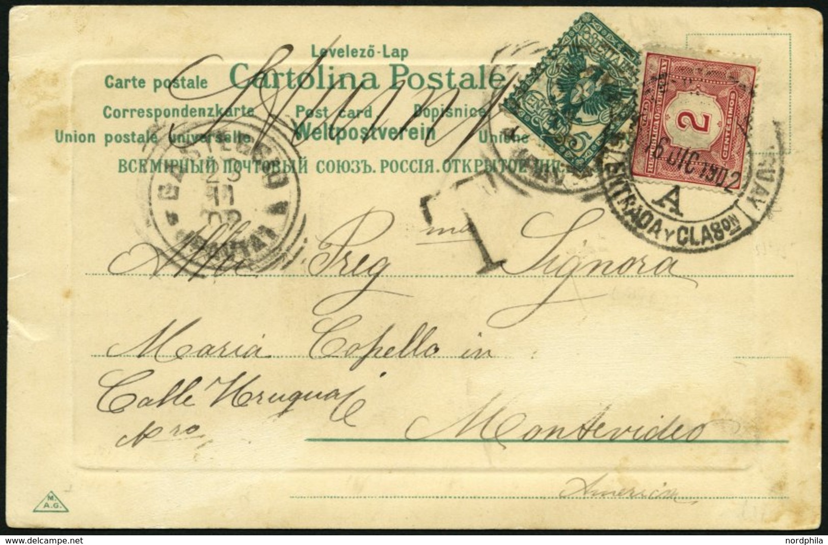 URUGUAY P 2 BRIEF, Portomarken: 1902, 2 C. Lilarot Auf Unterfrankierter Ansichtskarte Aus Italien, Feinst - Uruguay