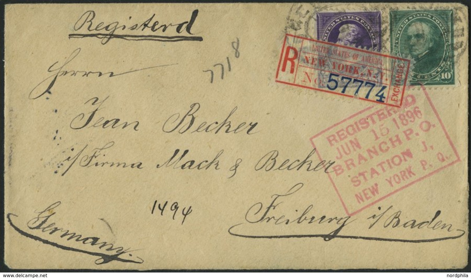 USA 63,68 BRIEF, Scott 221,226, 1896, 3 C. Jackson Und 10 C. Webster Auf Einschreibbrief Nach Freiburg, Pracht - Sonstige & Ohne Zuordnung