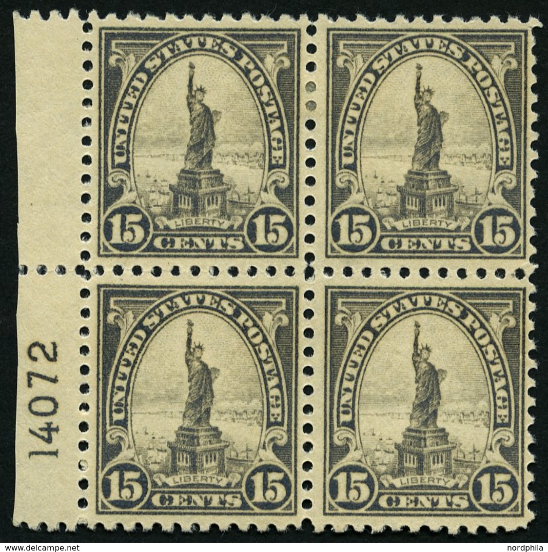 USA 277 VB **,* , Scott 566, 1922, 15 C. Freiheitsstatue Im Plattenviererblock, Die Beiden Unteren Werte Postfrisch, Pra - Altri & Non Classificati