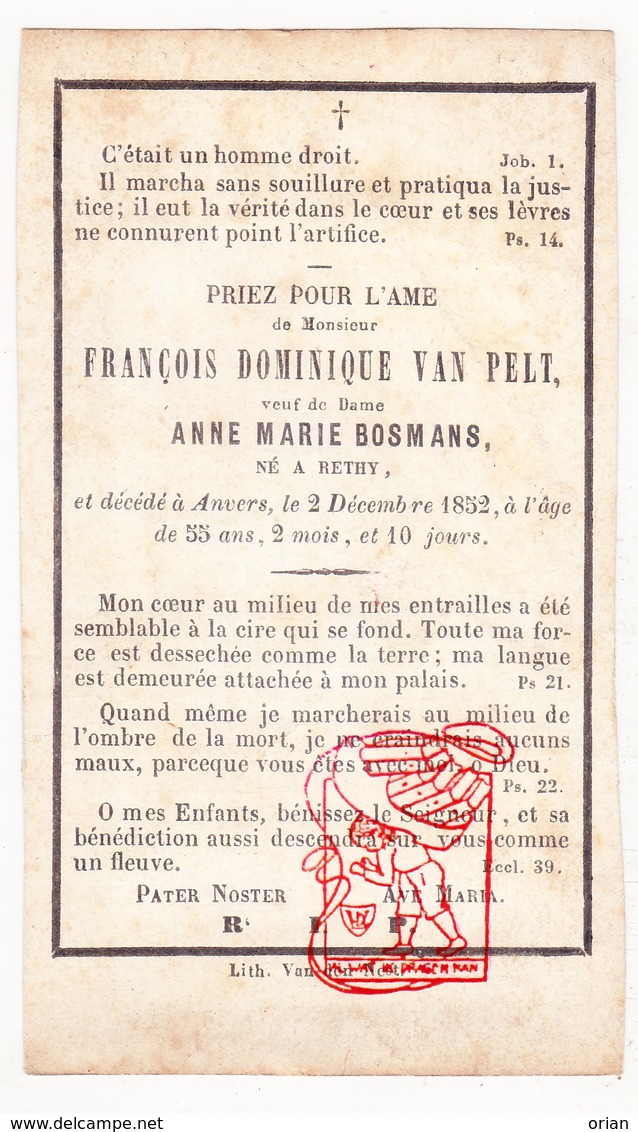 DP François D. Van Pelt ° Retie 1797 † Antwerpen 1852 X Anna M. Bosmans - Images Religieuses