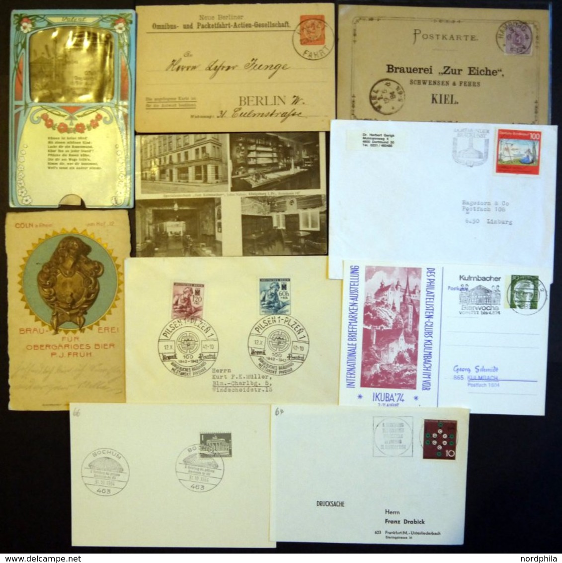 SONSTIGE MOTIVE 1884-1992, Bier-Thematik, 9 Verschiedene Belege, Dabei U.a. Postkartenvorläufer, Jugendstil-Ziehkarte Et - Non Classés