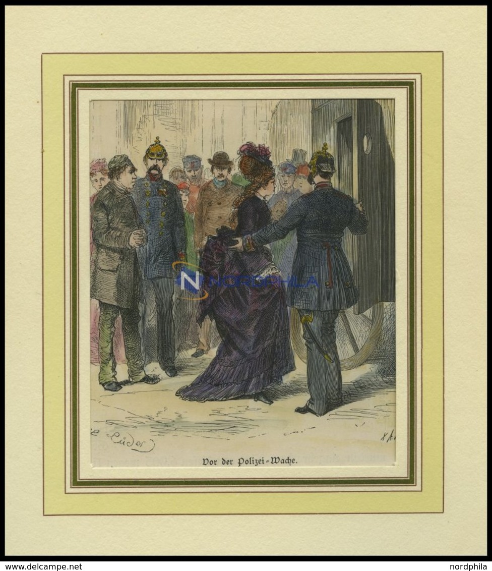 BERLIN: Vor Der Polizeiwache, Kolorierter Holzstich Um 1880 - Lithographies