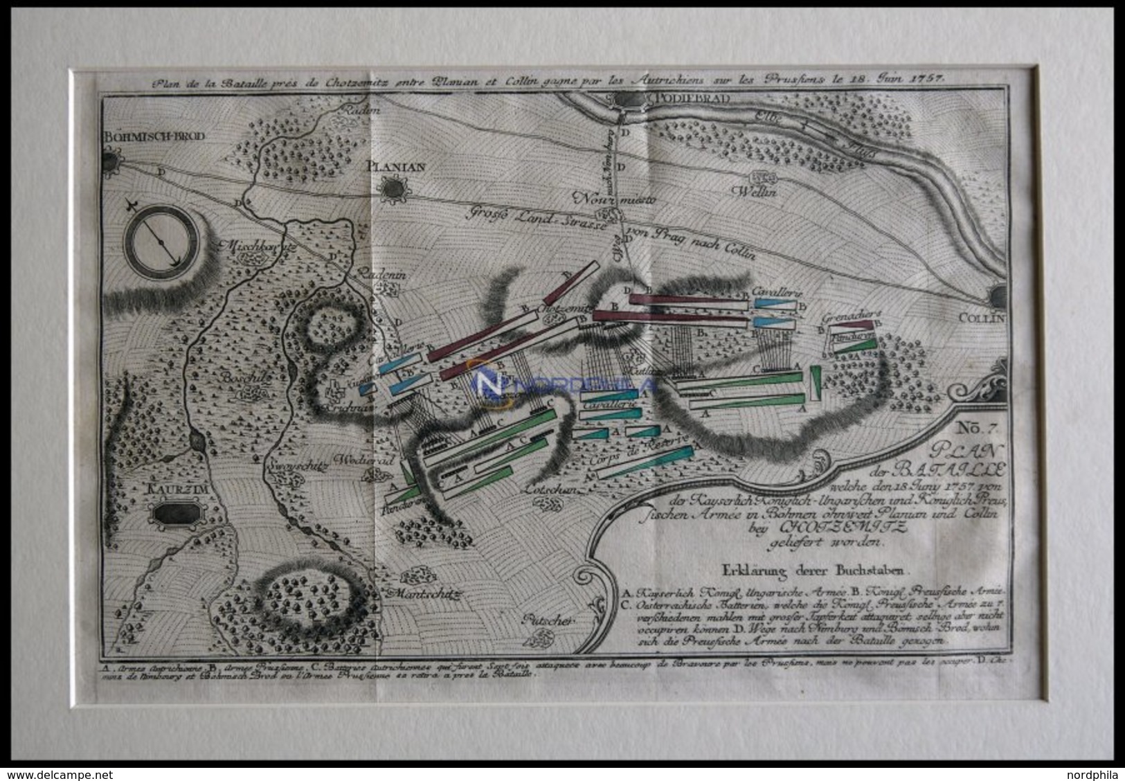 CHOTZEMITZ, Schlacht Vom 18.6.1757, Altkolorierter Kupferstich Von Ca. 1760 - Litografia