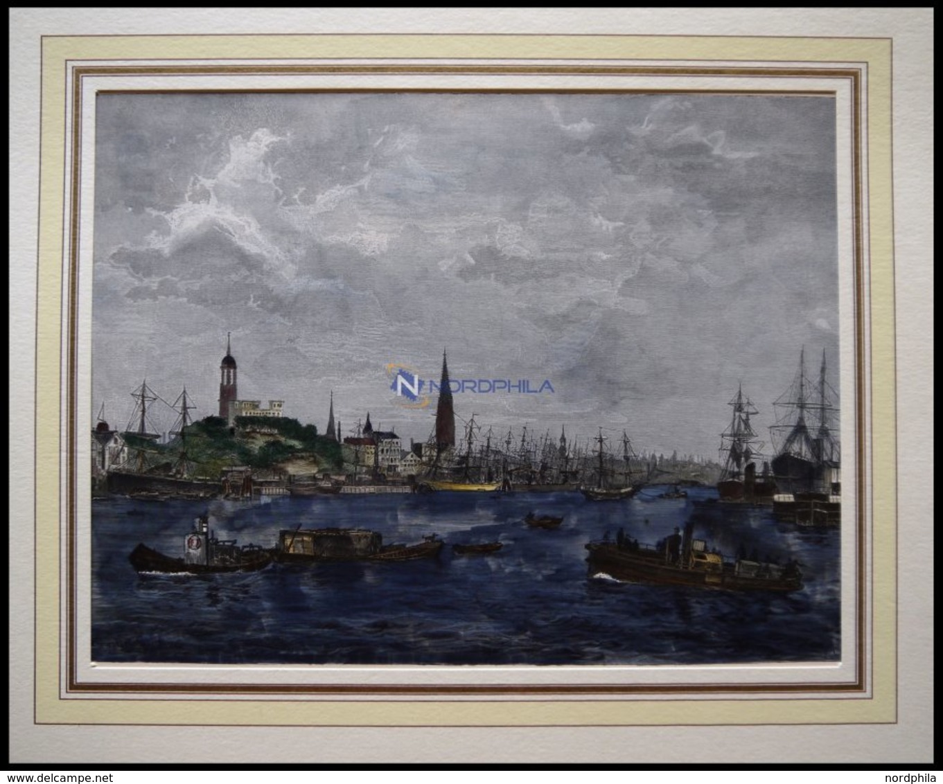 HAMBURG: Blick Auf Die Elbe Und Den Hamburger Hafen, Kolorierter Holzstich Von Gehrts Von 1881 - Litografia