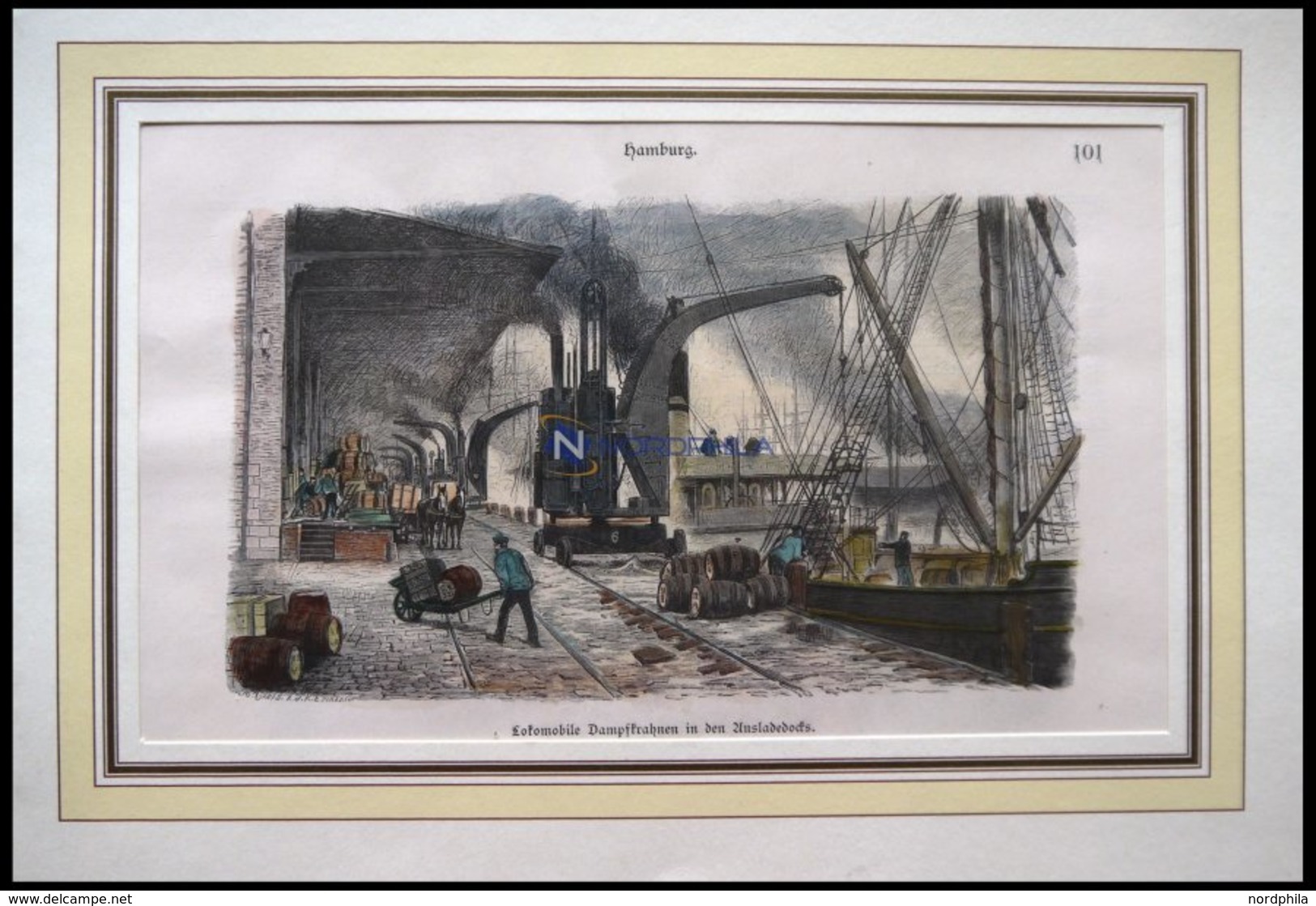 HAMBURG: Lokomobile Dampfkrahnen In Den Ausladedocks, Kolorierter Holzstich Von 1881 - Lithographies