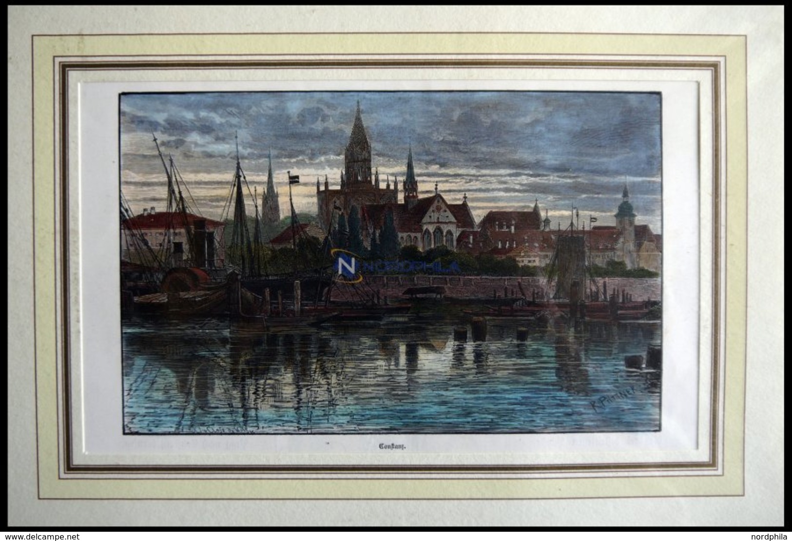 KONSTANZ, Teilansicht übers Wasser Gesehen, Kolorierter Holzstich Von Püttner Um 1880 - Litografia