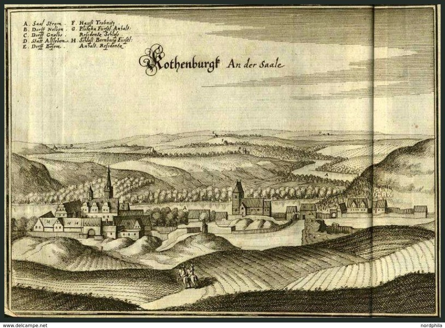 ROTHENBURG Auf D. SAALE, Gesamtansicht, Kupferstich Von Merian Um 1645 - Litografia