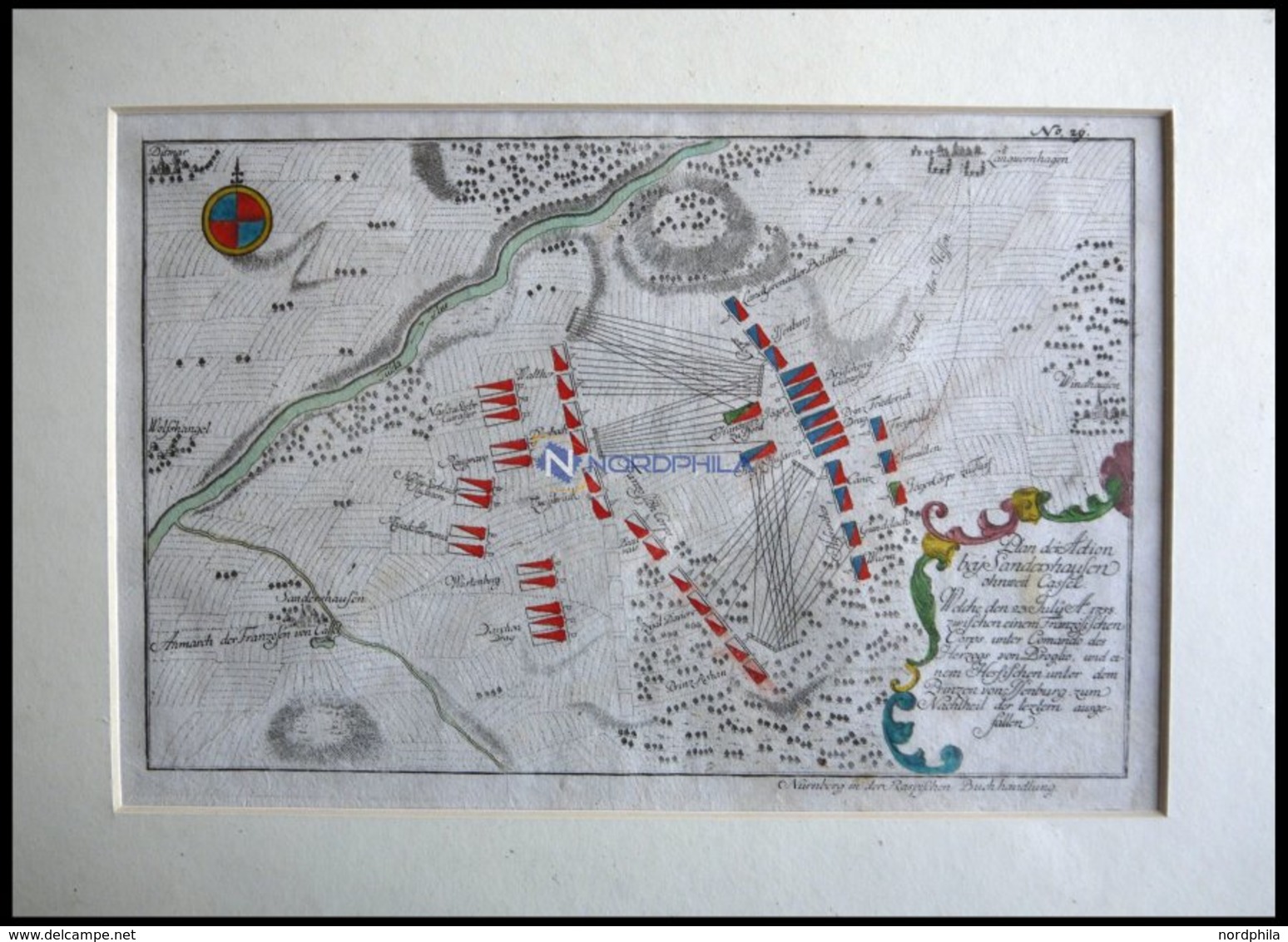 SANDERSHAUSEN, Plan Der Schlacht Vom 23.7.1758, Altkolorierter Kupferstich Von Ben Jochai Bei Raspische Buchhandlung 176 - Lithographien