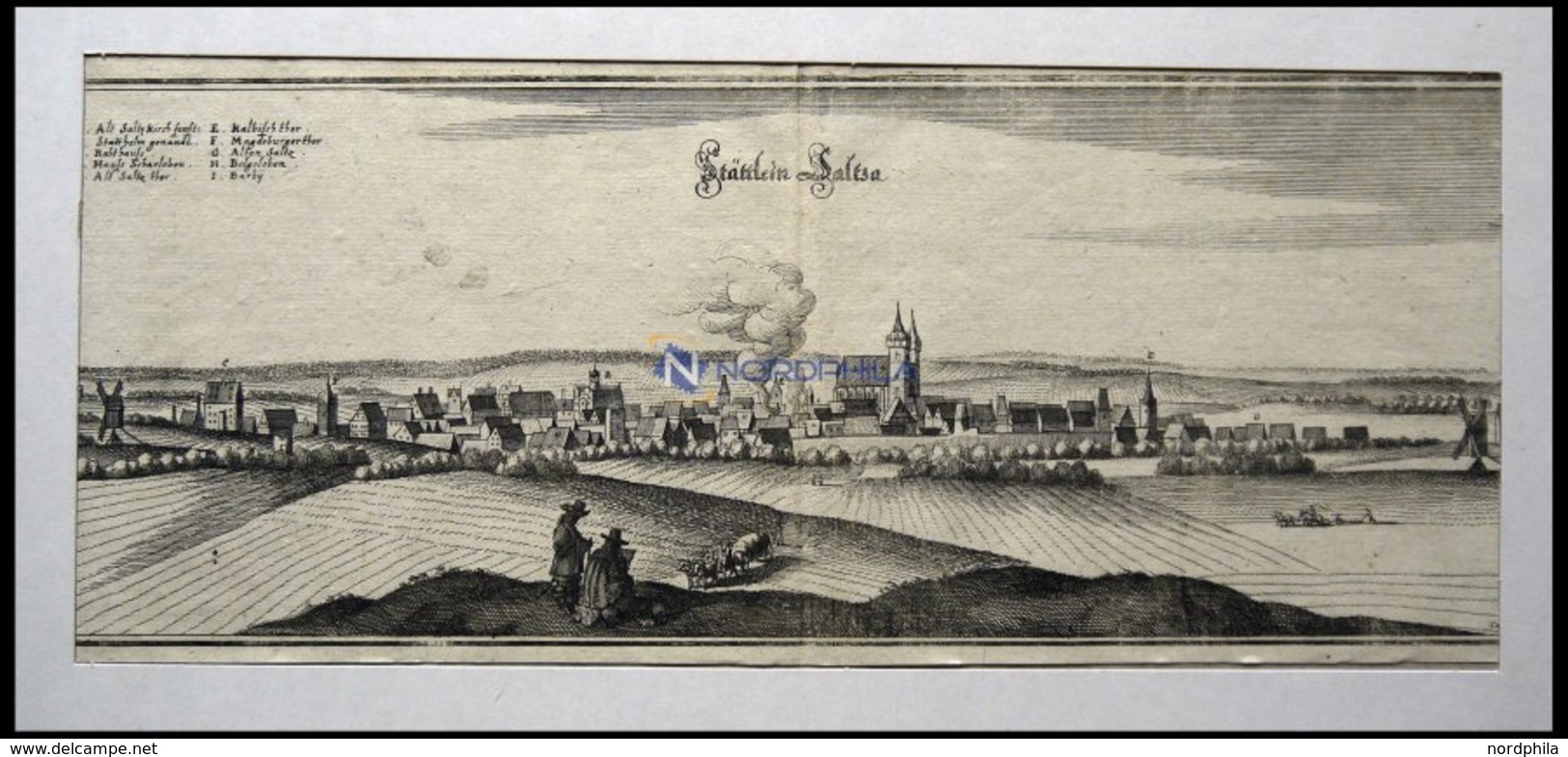 SCHÖNEBECK Bei Magdeburg, Stadtteil Salza, Gesamtansicht, Kupferstich Von Merian Um 1645 - Lithographien