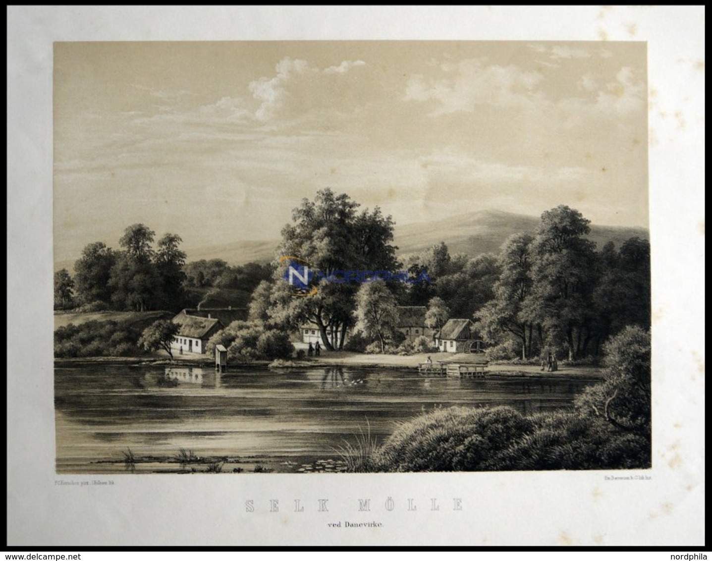 SELK (Selk Mölle Ved Danevirke), Blick über See Auf Den Ort Mit Mühle, Lithographie Mit Tonplatte Von J. Hellesen Nach F - Litografia