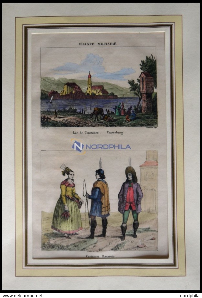 WASSERBURG, Gesamtansicht Und Bayrische Trachten, 2 Ansichten Auf Einem Blatt, Kolorierter Holzstich Von France Militair - Lithographien