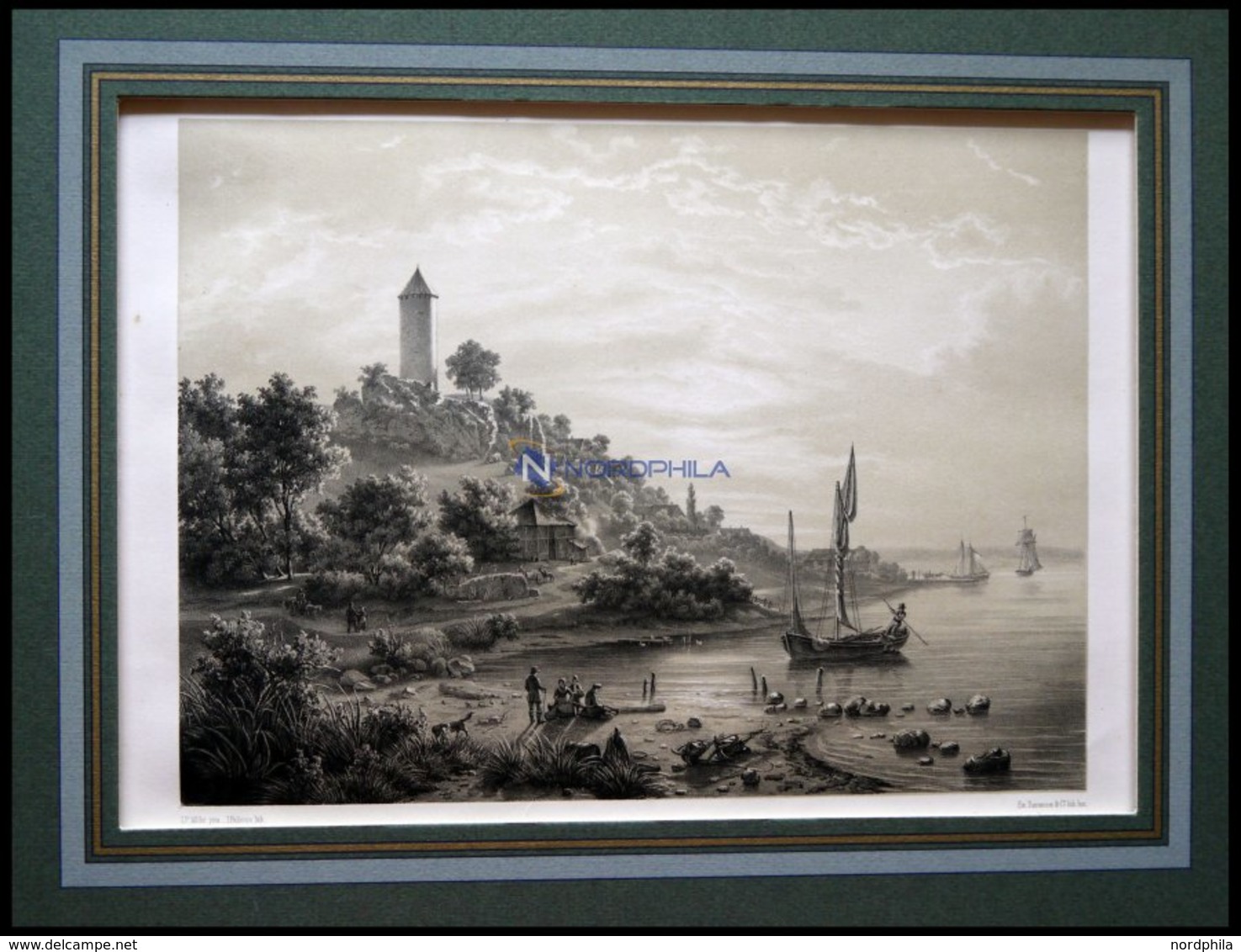 VORDINGBURG (Parti Ved Vordingborg), Strandpartie Mit Gänseturm Im Hintergrund, Lithographie Mit Tonplatte Von J. Helles - Lithographien